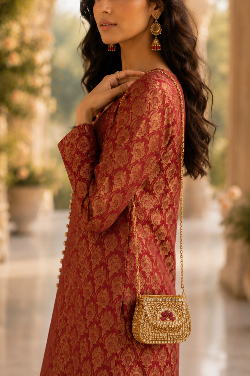 Maroon Kundan Mini Bag