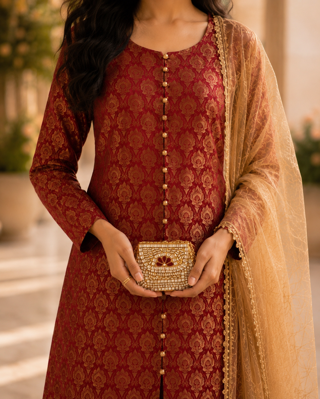 Maroon Kundan Mini Bag